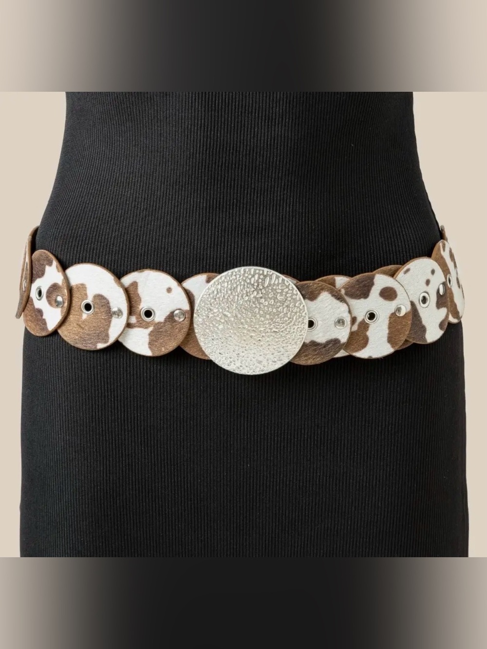 Boho Western Cowhide Concho Belt Brown White Statement Waist Festival Style Cow